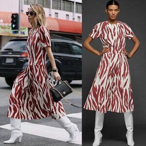 NWT Anine Bing Dahlia Zebra Drop Waist Pleated Skirt Red and Cream Midi Dress